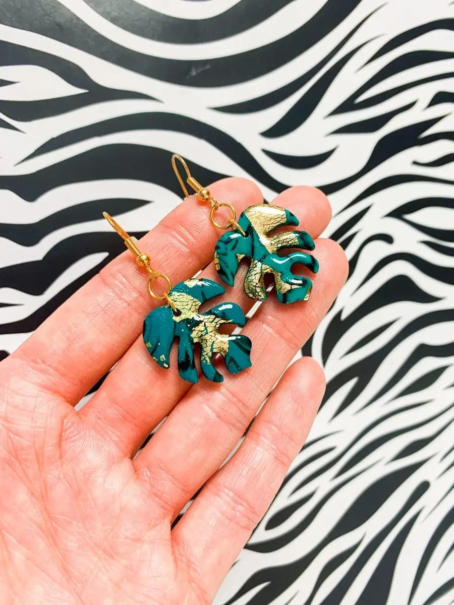 Emerald and Gold Marble Monstera Leaf Earrings Sapphire Frills