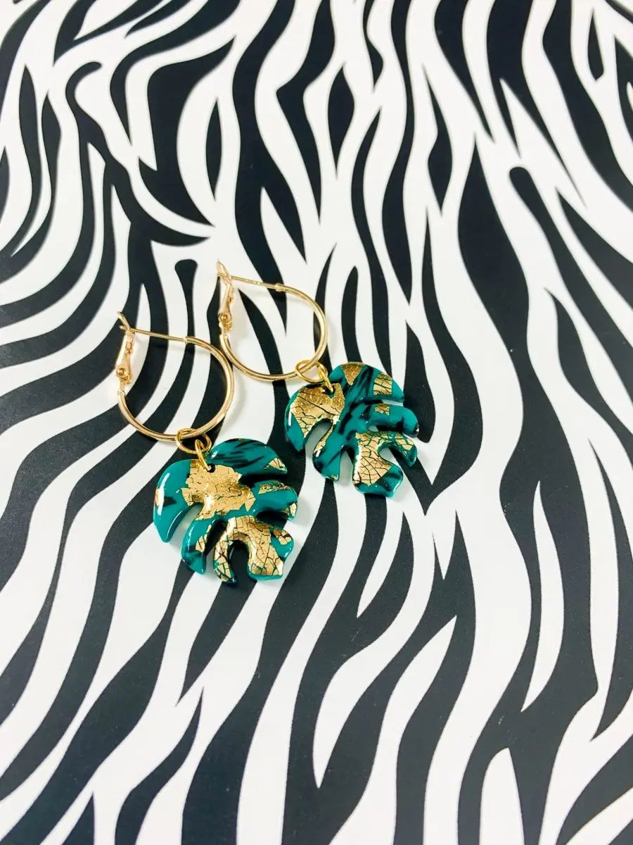 Emerald and Gold Marble Monstera Leaf Earrings Sapphire Frills