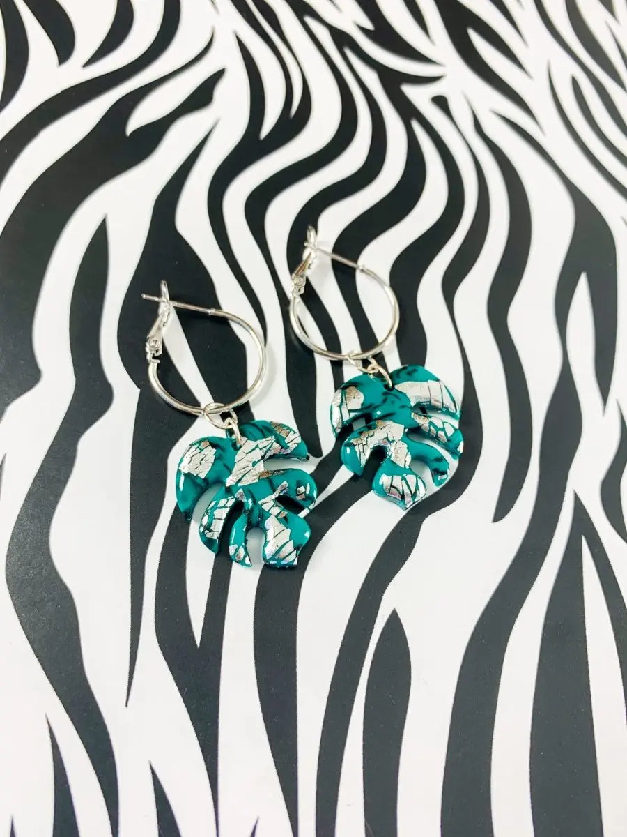 Emerald and Silver Marble Monstera Leaf Earrings Sapphire Frills