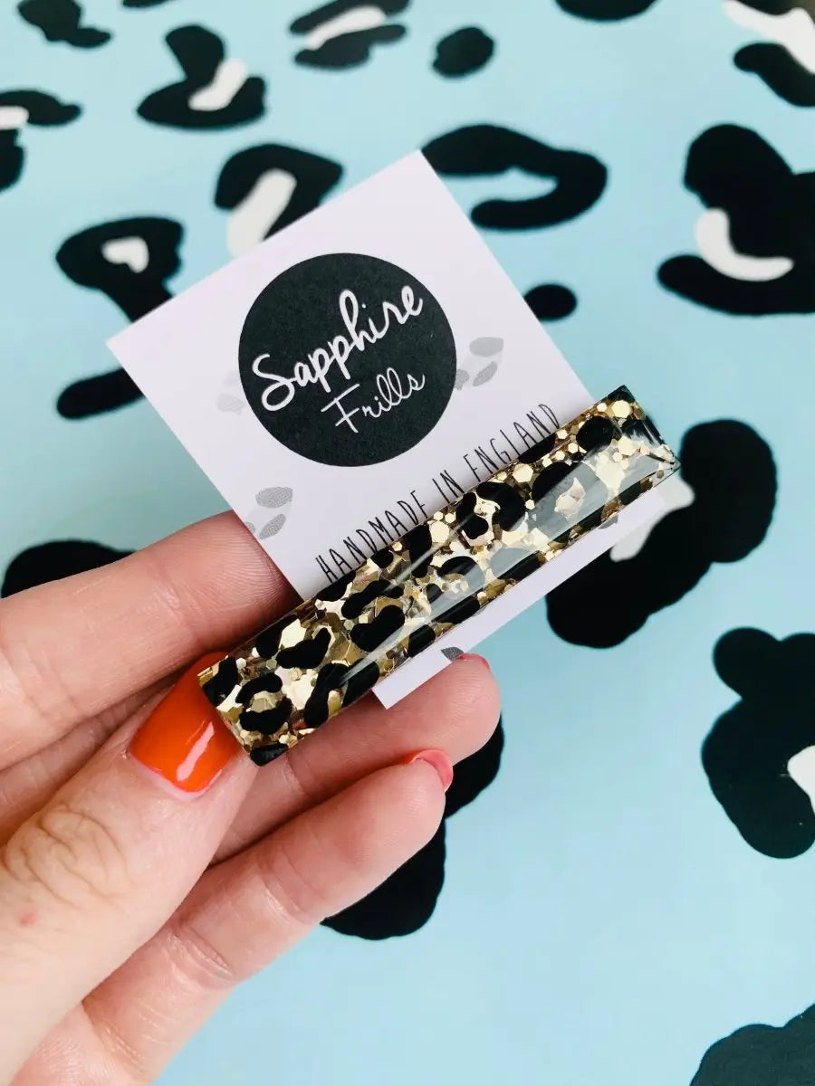 Gold Glitter Leopard Print Hair Clips from Sapphire Frills