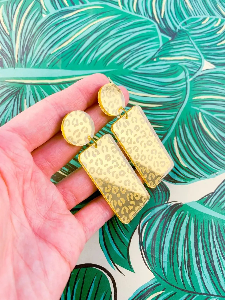Gold Leopard Print Acrylic Mirror Rectangle Dangle Earrings Sapphire Frills