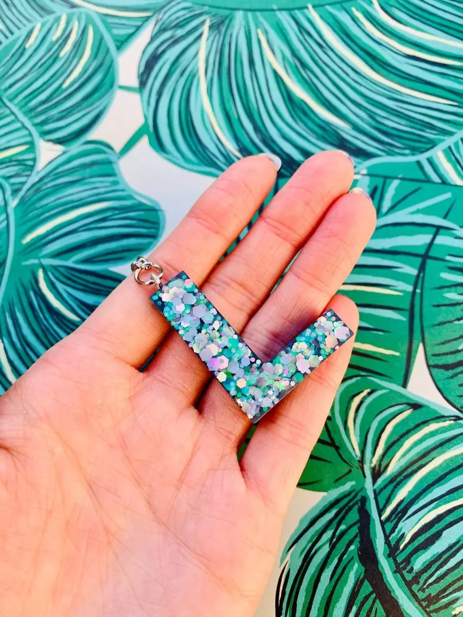 Grey Florescent Glitter Initial Keyring Sapphire Frills