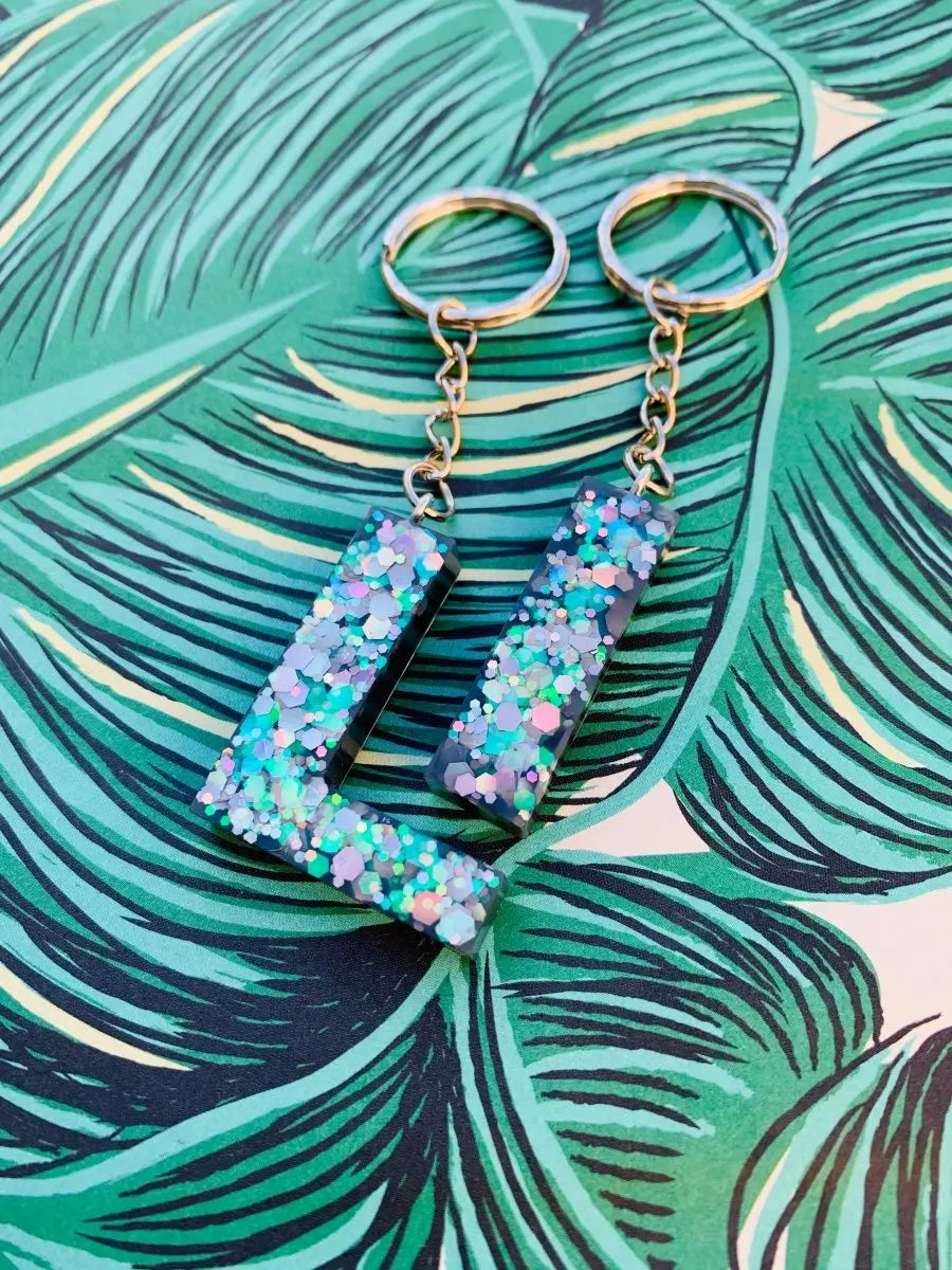 Grey Florescent Glitter Initial Keyring Sapphire Frills