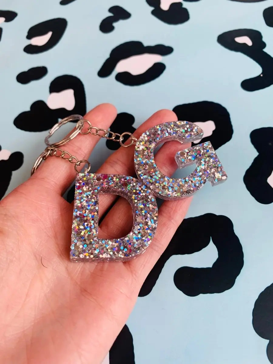 Holographic Silver Glitter Initial Keyring from Sapphire Frills