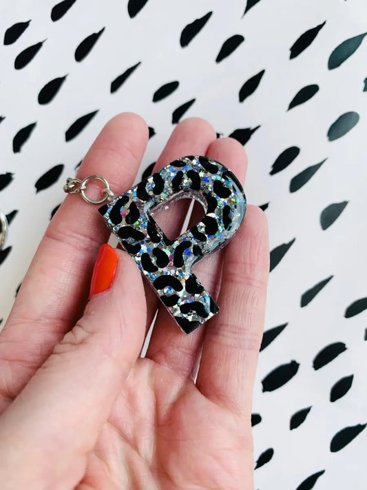 Holographic Silver Glitter Leopard Print Initial Keyring from Sapphire Frills
