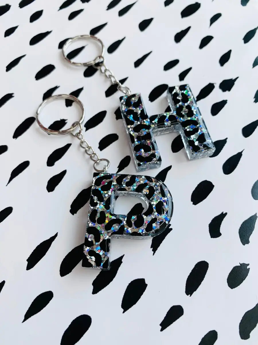 Holographic Silver Glitter Leopard Print Initial Keyring from Sapphire Frills