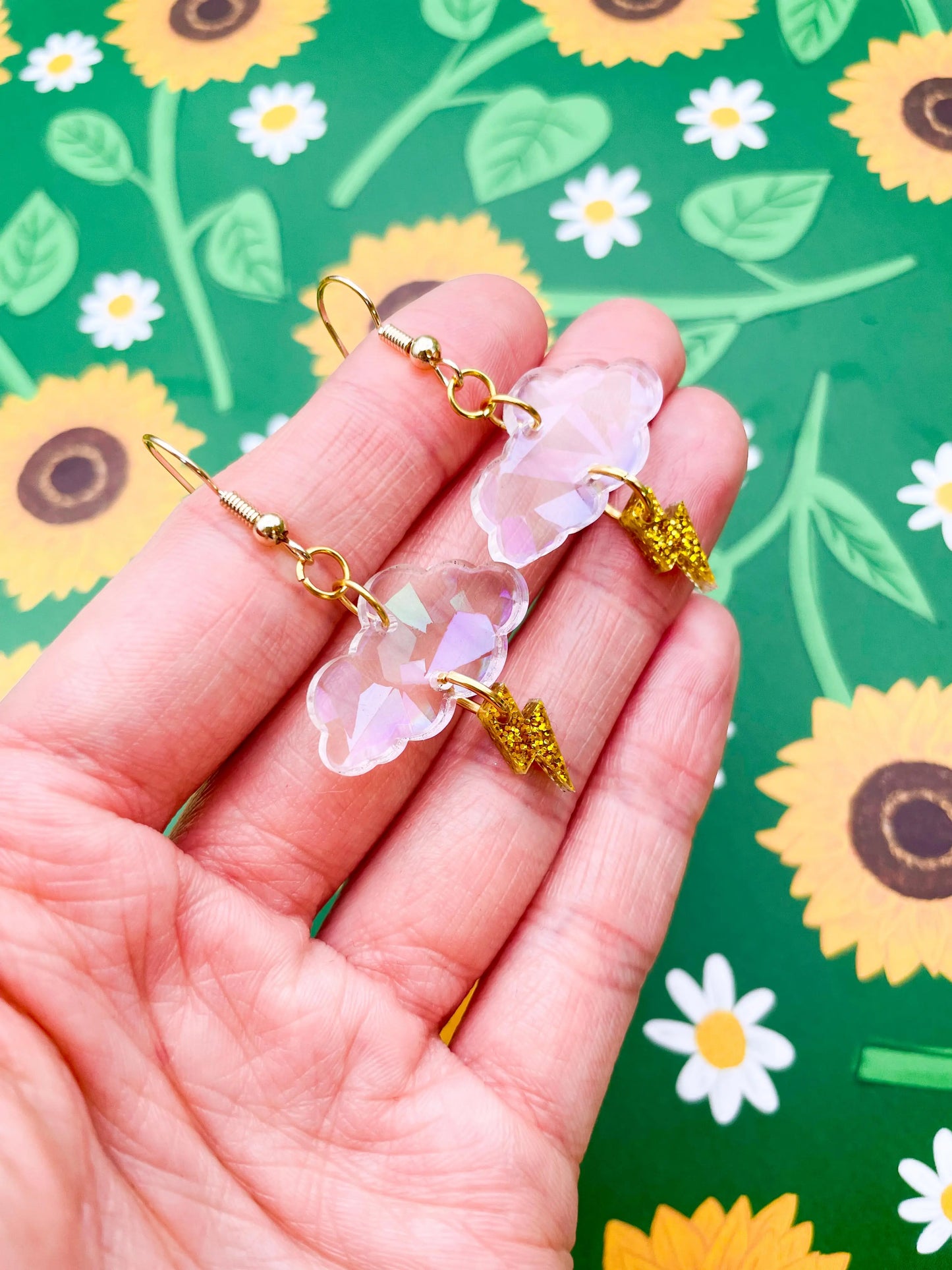 Iridescent Rainbow and Gold Glitter April Storms Small Cloud & Bolt Dangle Earrings from Sapphire Frills