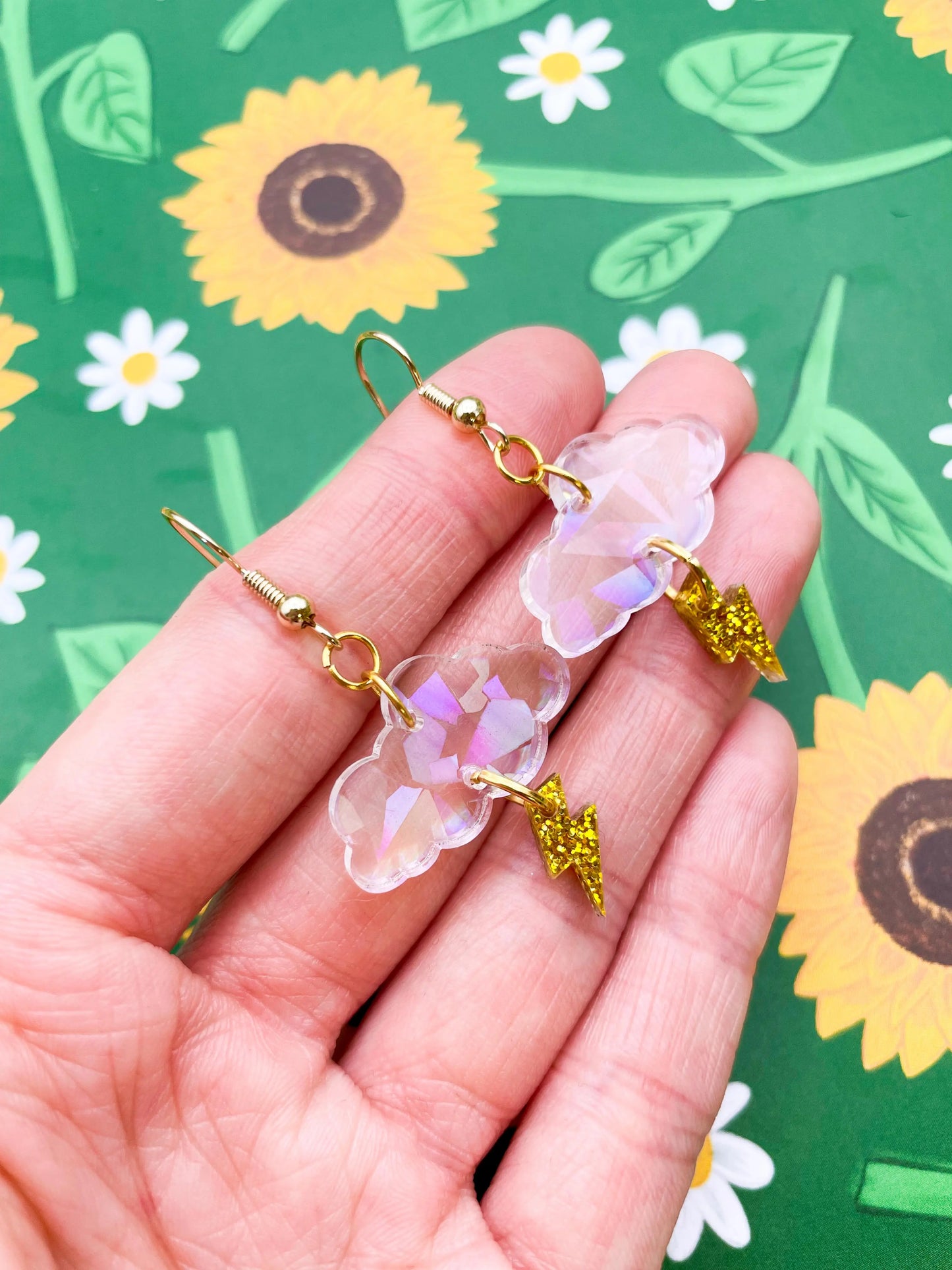 Iridescent Rainbow and Gold Glitter April Storms Small Cloud & Bolt Dangle Earrings from Sapphire Frills