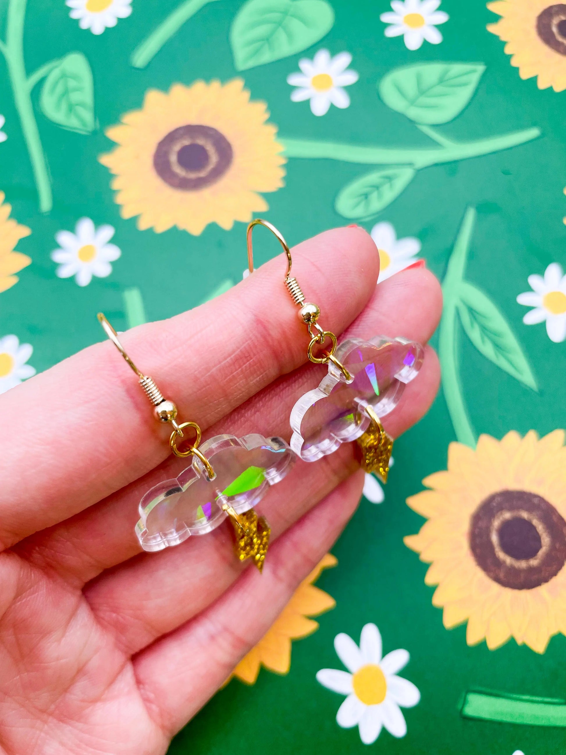 Iridescent Rainbow and Gold Glitter April Storms Small Cloud & Bolt Dangle Earrings from Sapphire Frills