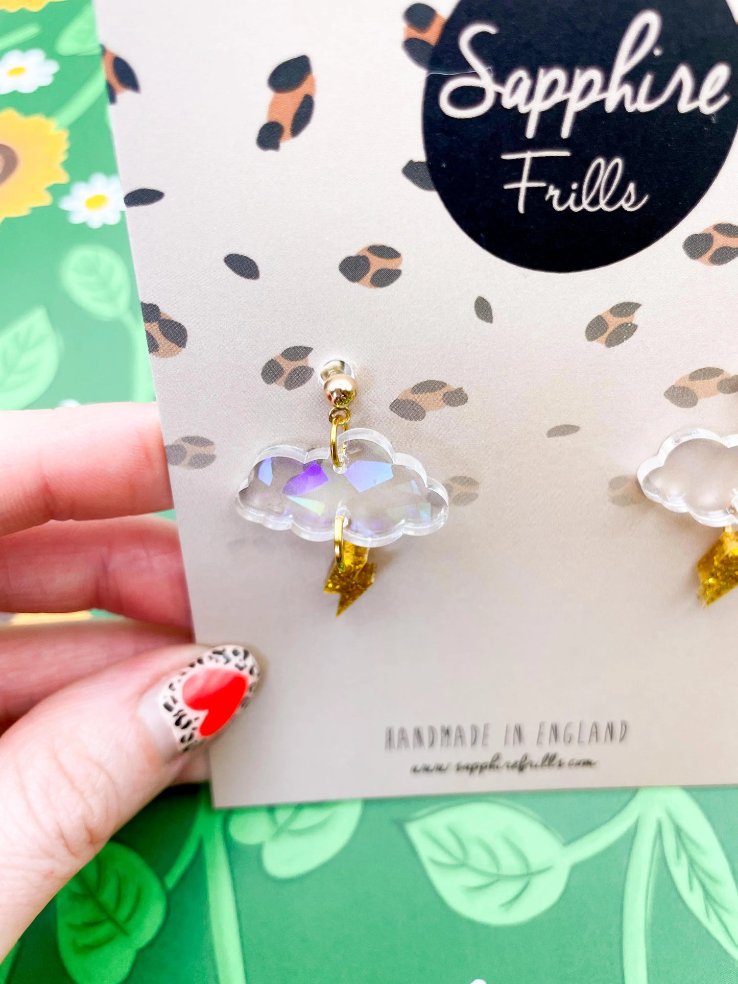 Iridescent Rainbow and Gold Glitter April Storms Small Cloud & Bolt Dangle Earrings from Sapphire Frills