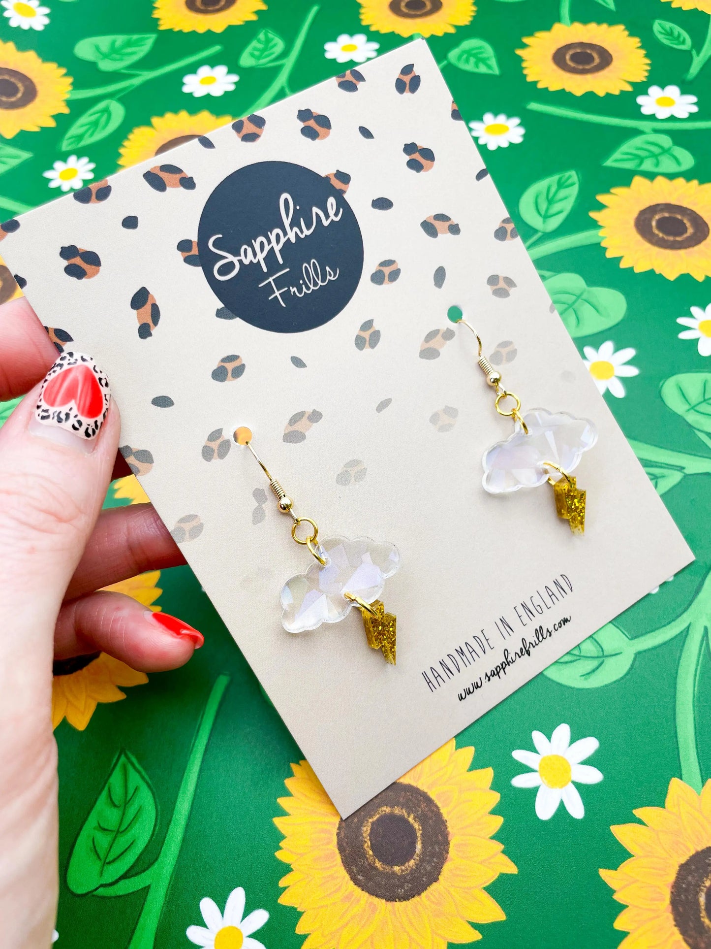 Iridescent Rainbow and Gold Glitter April Storms Small Cloud & Bolt Dangle Earrings from Sapphire Frills