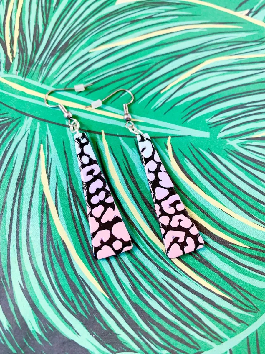 Lilac, Pastel Pink and Baby Blue Leopard Print Trapeze Dangle Earrings from Sapphire Frills