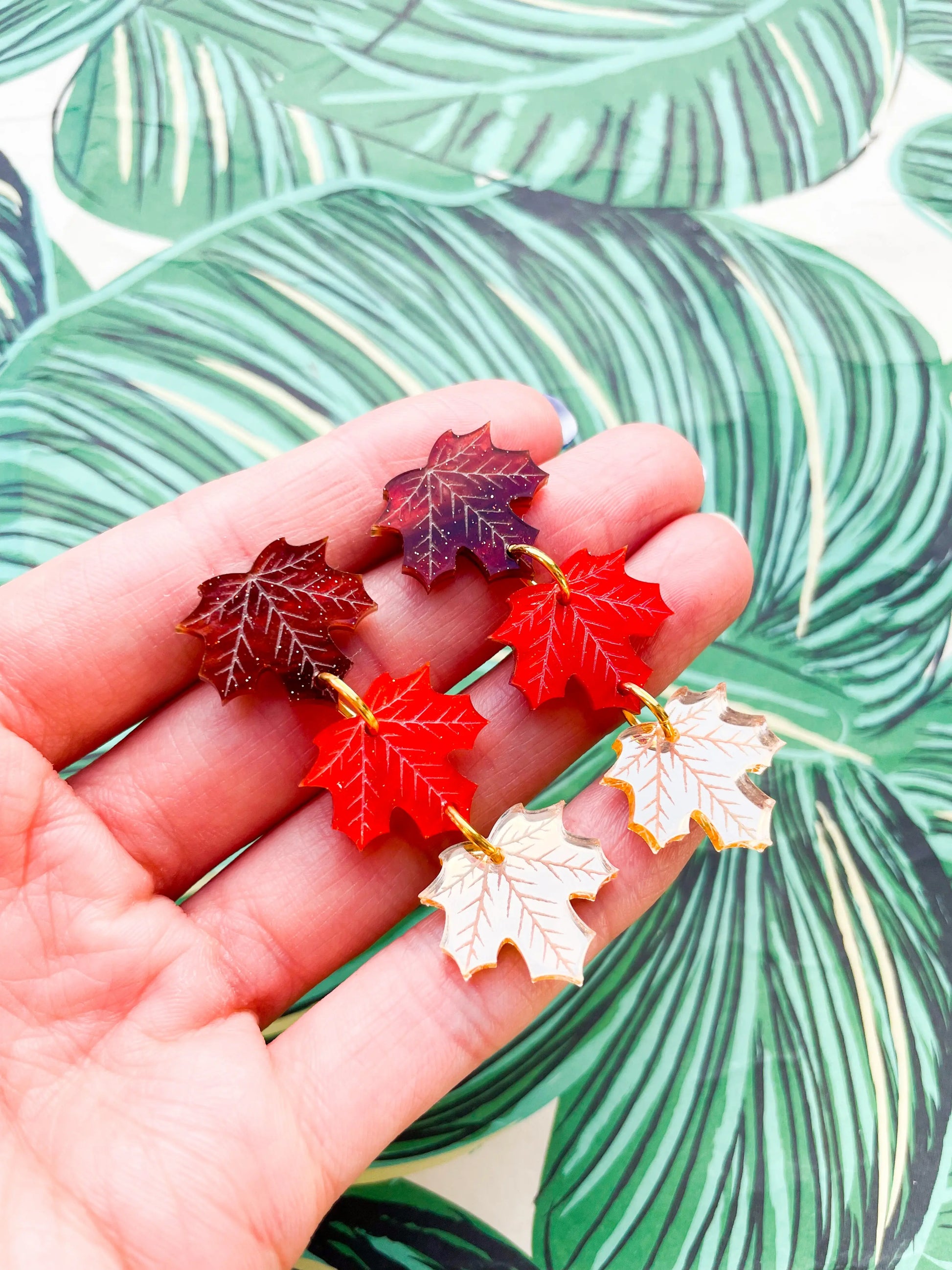 Maroon, Orange and Gold Acrylic Mirror Maple Leaf Dangle Earrings from Sapphire Frills