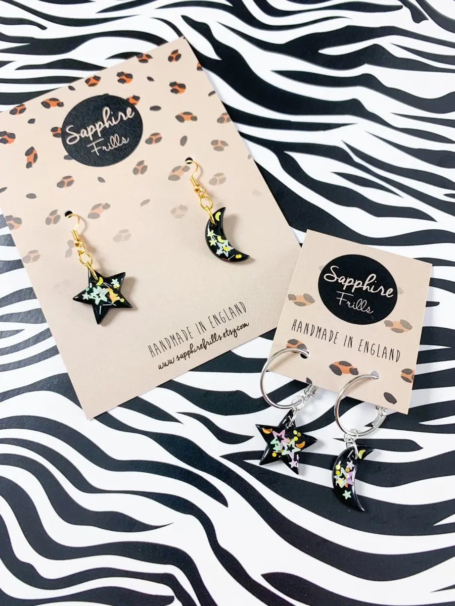 Medium Black with White Florescent Sequins Star and Moon Mismatch Dangle Earrings from Sapphire Frills
