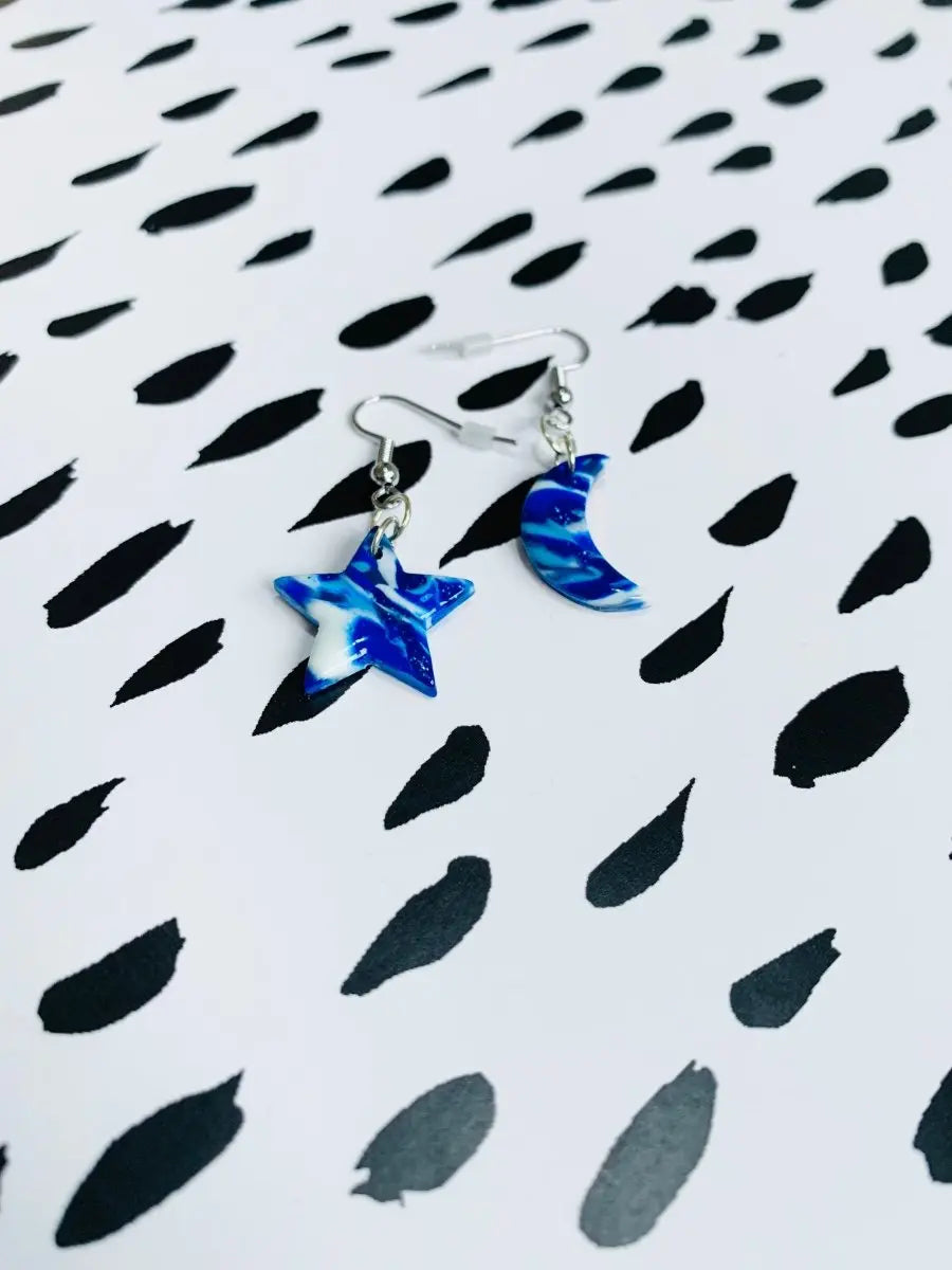 Medium Blue Marble Star and Moon Mismatch Dangle Earrings Sapphire Frills