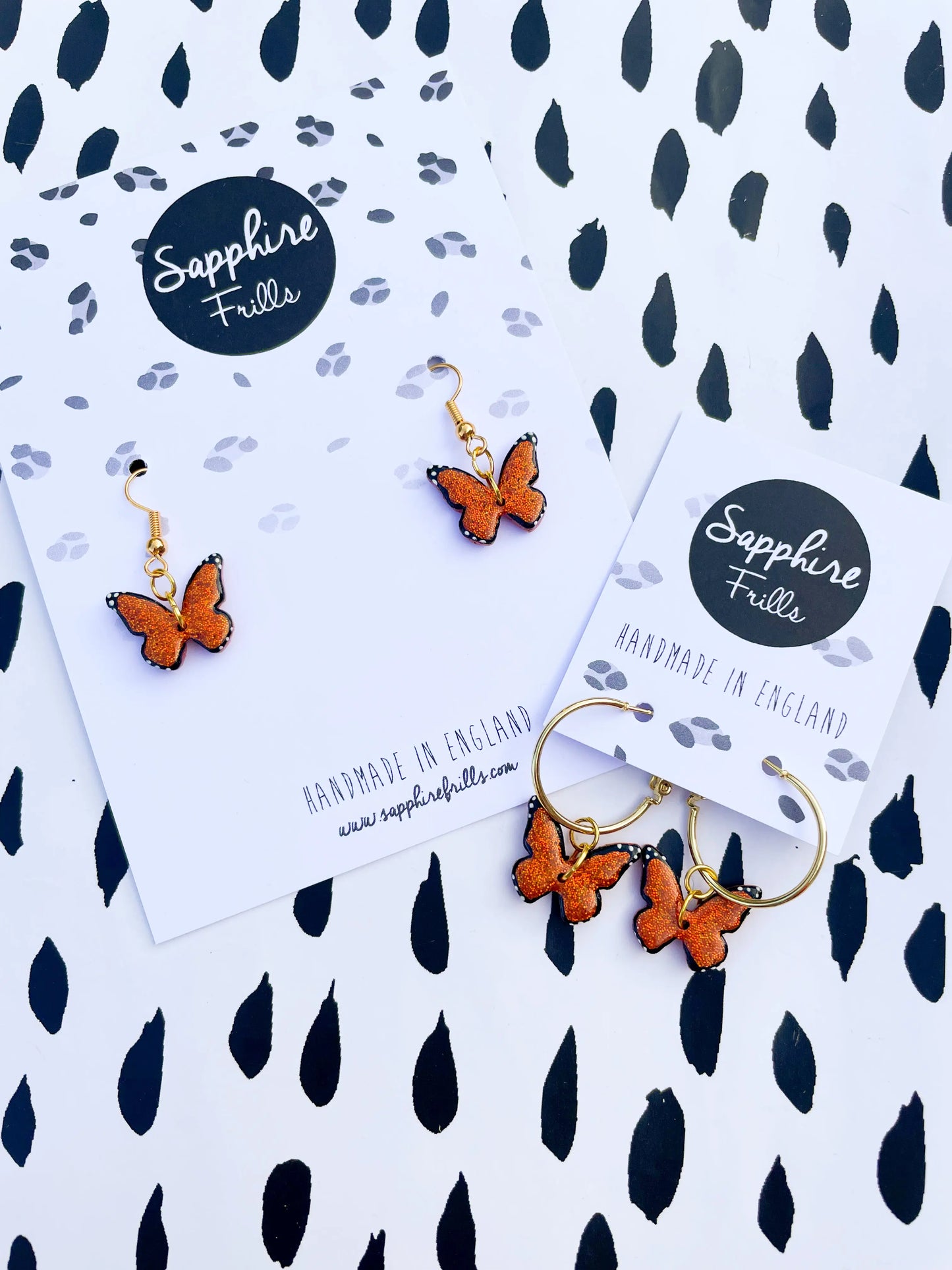 Medium Burnt Orange Glitter Butterfly Dangle Earrings from Sapphire Frills