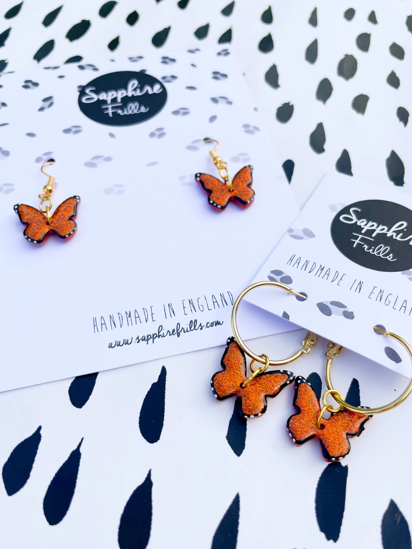 Medium Burnt Orange Glitter Butterfly Dangle Earrings from Sapphire Frills