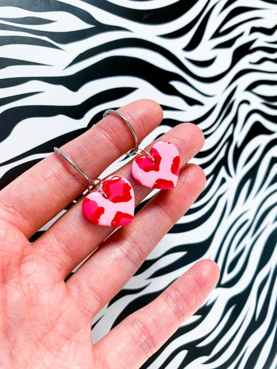 Medium Candy Pink and Red Leopard Print Heart Stud Earrings from Sapphire Frills