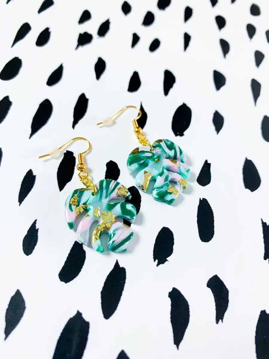 Medium Dark Green, Mint and Baby Pink Marble Monstera Leaf Earrings from Sapphire Frills