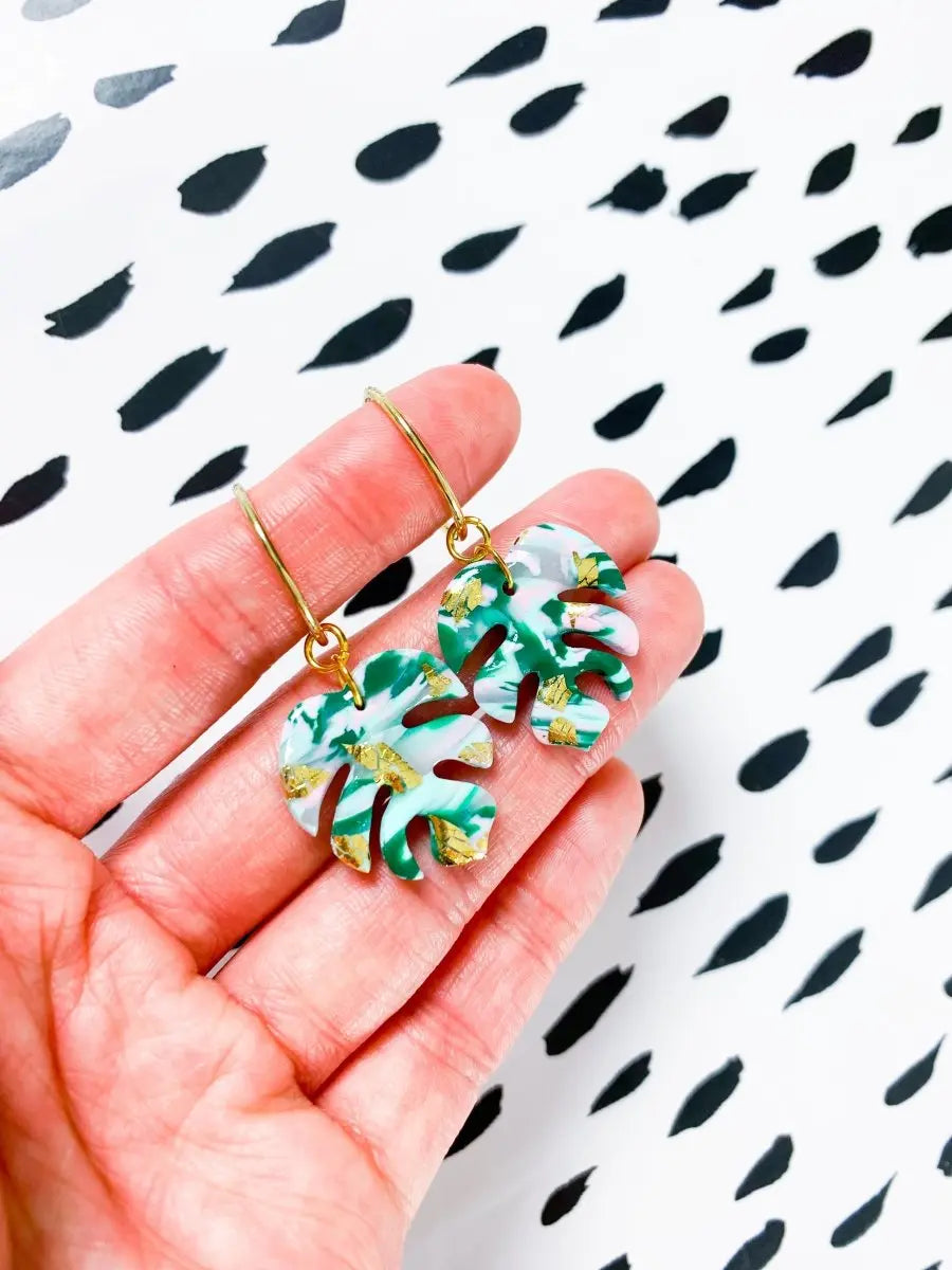 Medium Dark Green, Mint and Baby Pink Marble Monstera Leaf Earrings from Sapphire Frills