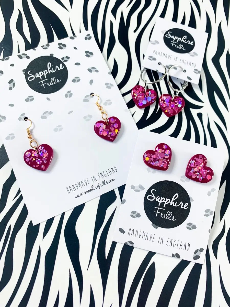 Medium Dark Pink with Pink Rainbow Hexagon Sequins Heart Stud Earrings from Sapphire Frills