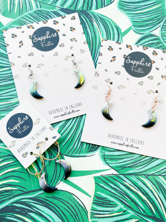 Medium Florescent White Glitter and Black Ombre Moon Earrings from Sapphire Frills