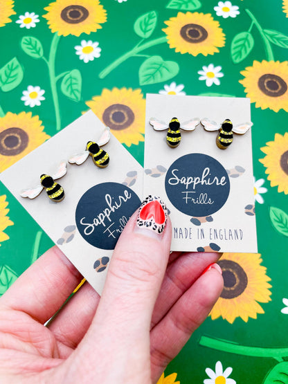Medium Gold Glitter and Iridescent Blue Acrylic Bee Studs from Sapphire Frills
