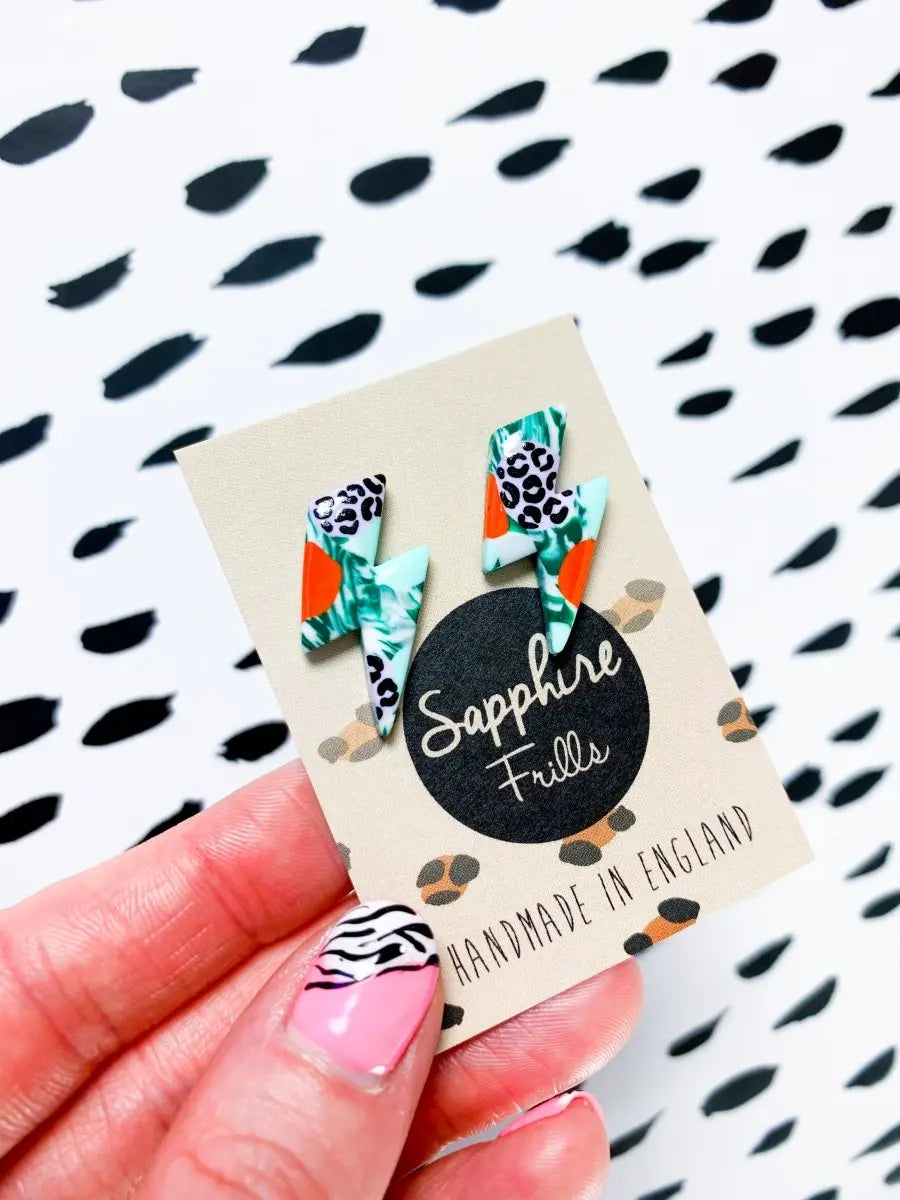 Medium Green Jungle Leopard Marble Lightning Bolt Stud Earrings from Sapphire Frills