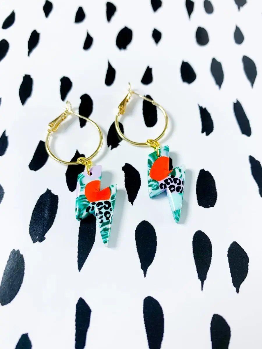 Medium Green Jungle Leopard Marble Lightning Bolt Stud Earrings from Sapphire Frills