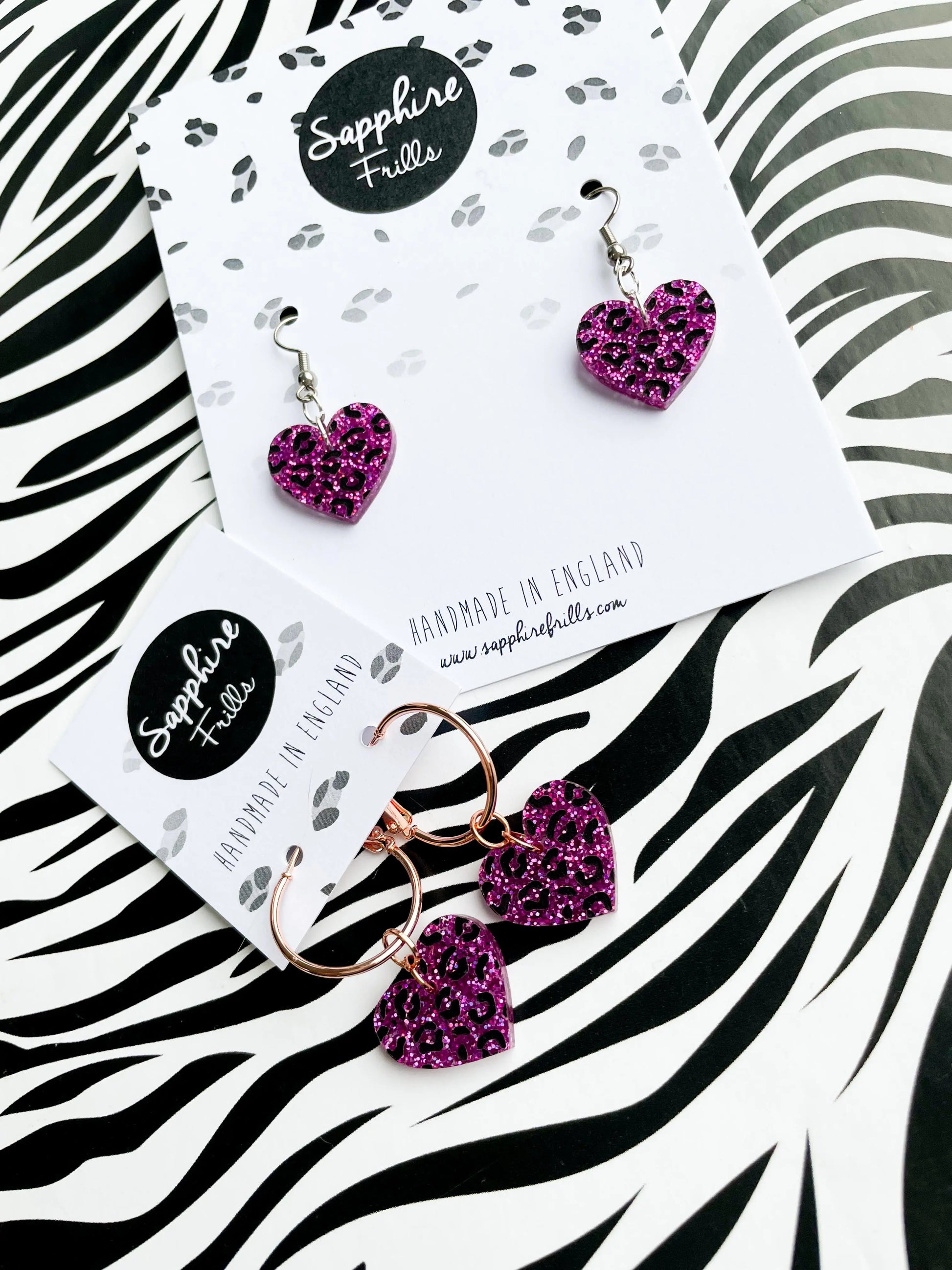 Medium Holographic Purpley Pink Glitter Leopard Print Acrylic Heart Dangle Earrings from Sapphire Frills