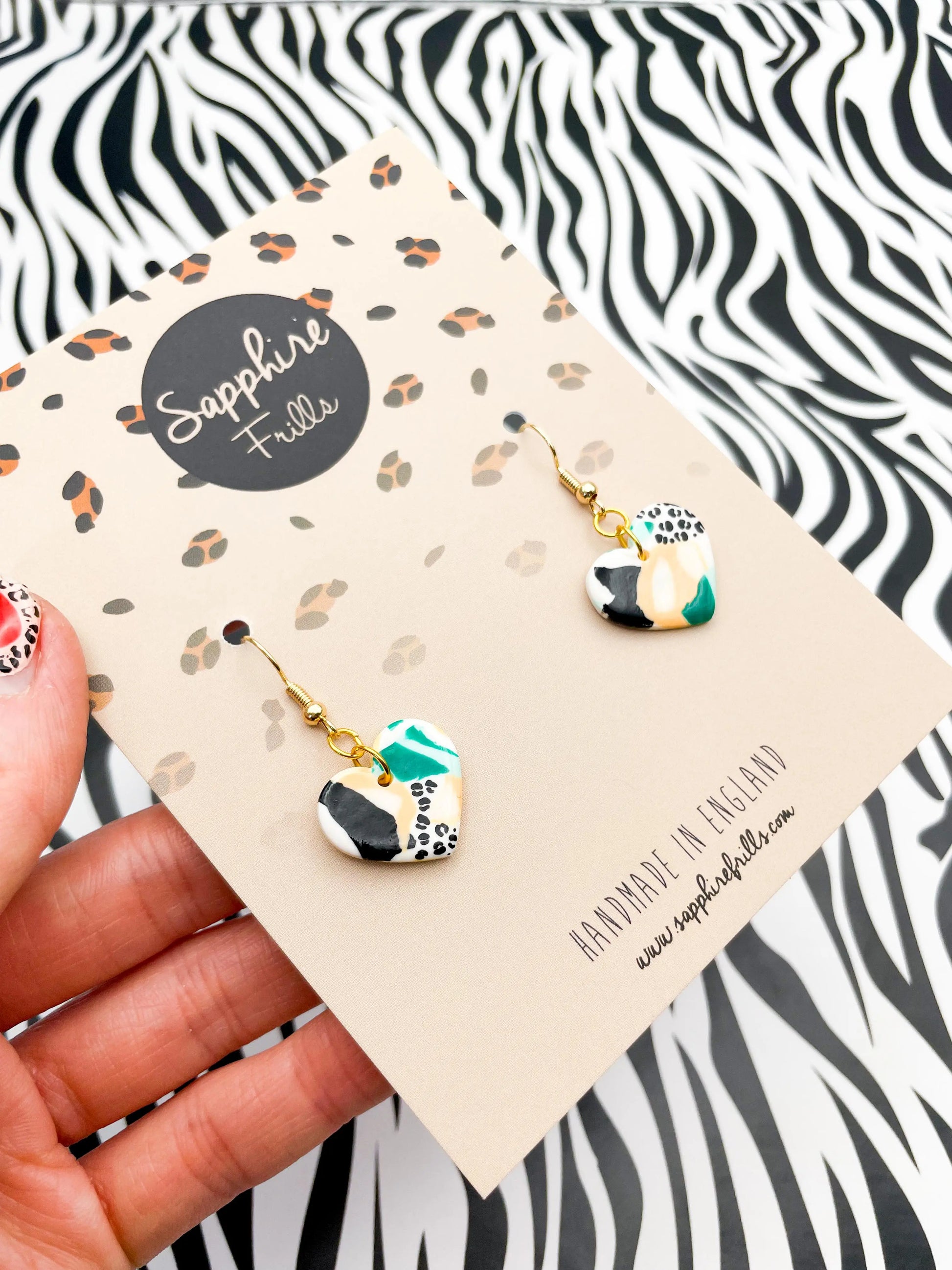 Medium Mint and Peach Abstract Jungle Leopard Print Heart Stud Earrings from Sapphire Frills