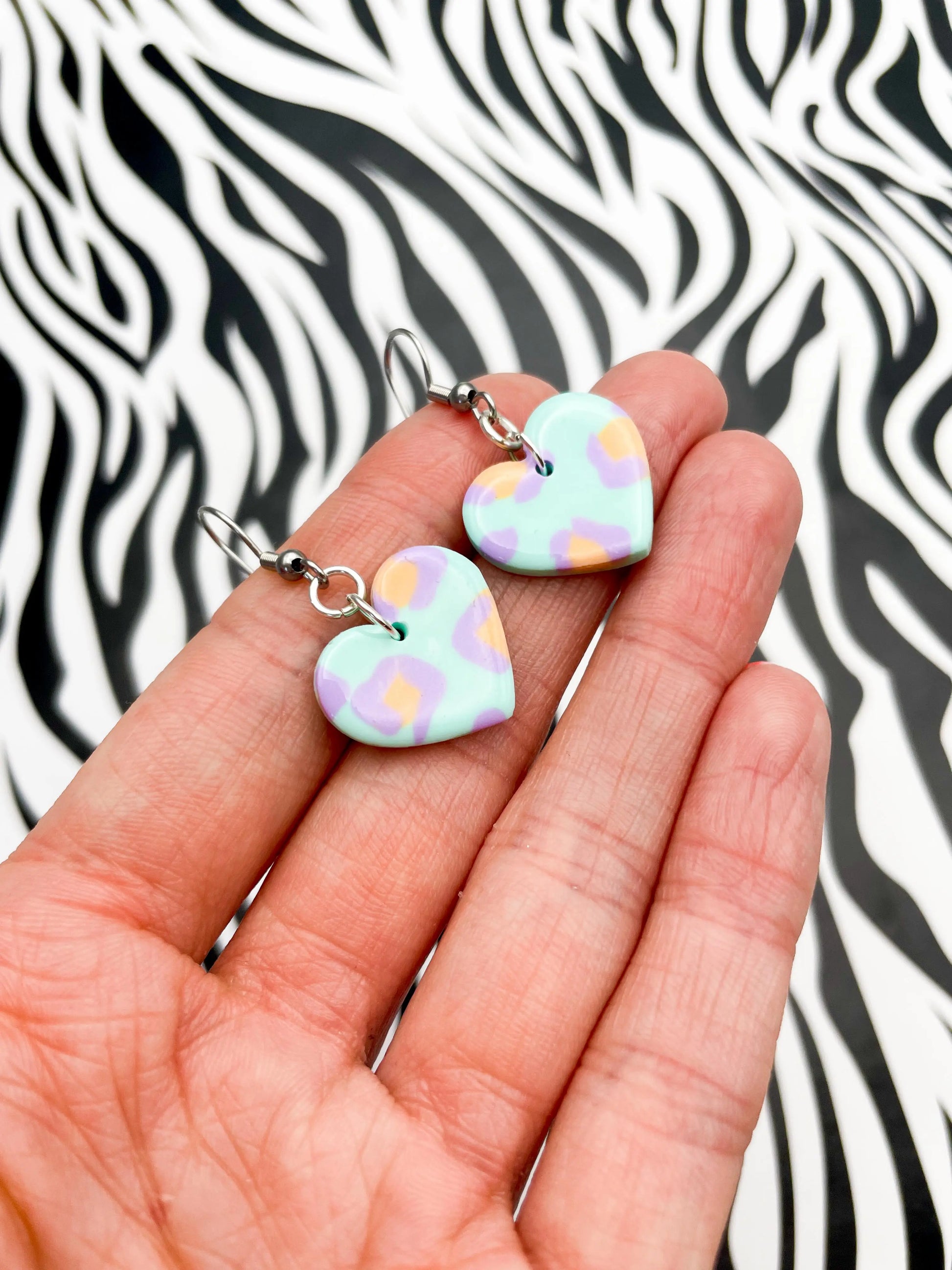 Medium Mint, Peach and Lilac Leopard Print Heart Stud Earrings from Sapphire Frills