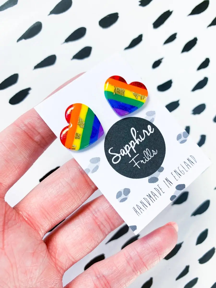 Medium Pride Rainbow Stripe Heart Stud Earrings from Sapphire Frills