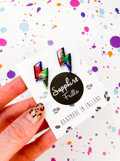 Medium Rainbow Foil Lightning Bolt Stud Earrings from Sapphire Frills