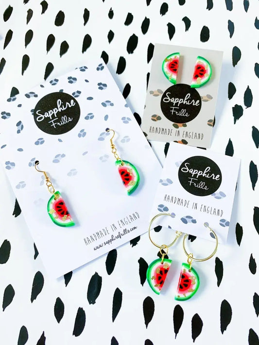 Medium Red and Green with Gold Foil Watermelon Stud Earrings from Sapphire Frills