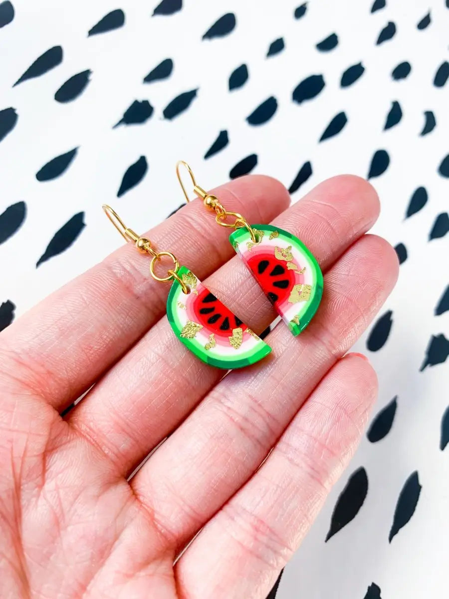 Medium Red and Green with Gold Foil Watermelon Stud Earrings from Sapphire Frills