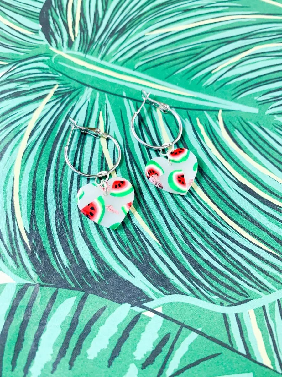 Medium Translucent Watermelon Print Heart Stud Earrings from Sapphire Frills