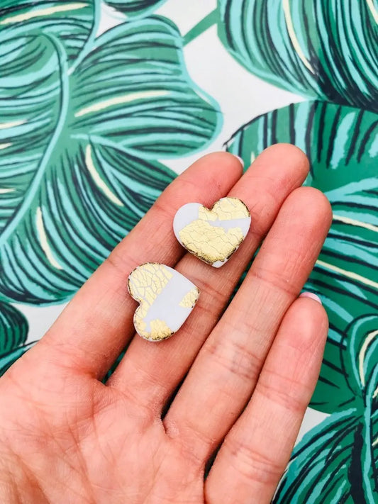 Medium White and Gold Heart Stud Earrings Sapphire Frills