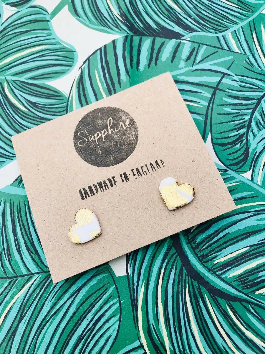 Medium White and Gold Heart Stud Earrings Sapphire Frills
