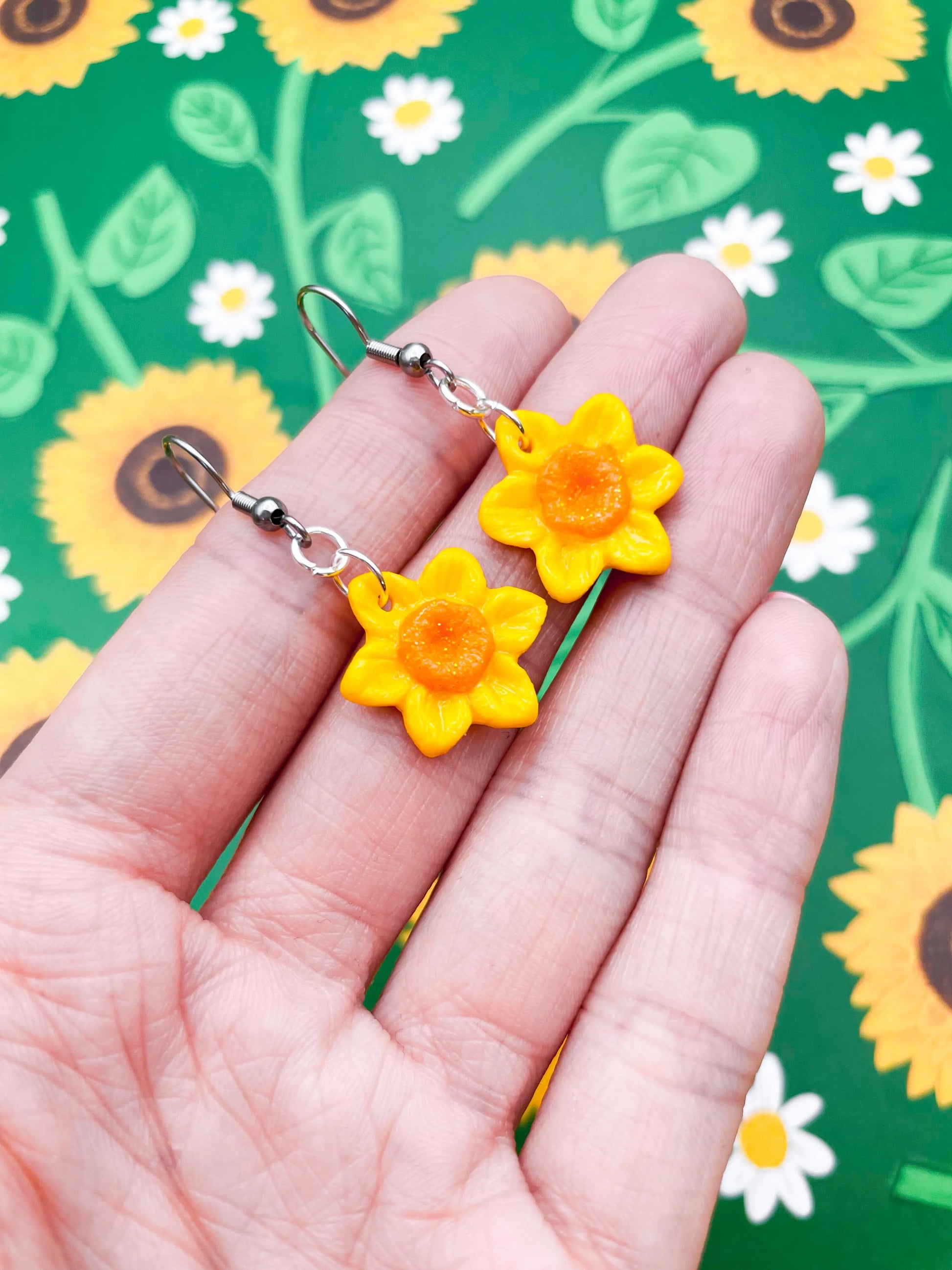 Medium Yellow and Orange Glitter Daffodil Stud Earrings from Sapphire Frills
