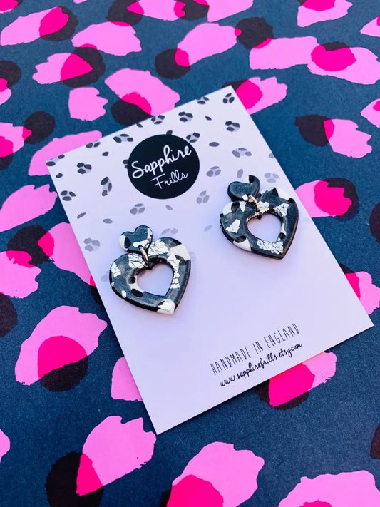 Metallic Grey Leopard Print Heart Dangle Earrings Sapphire Frills