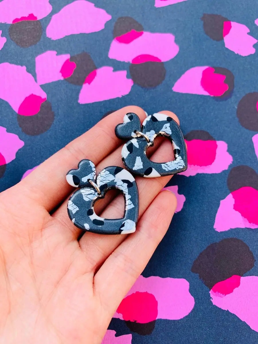 Metallic Grey Leopard Print Heart Dangle Earrings Sapphire Frills