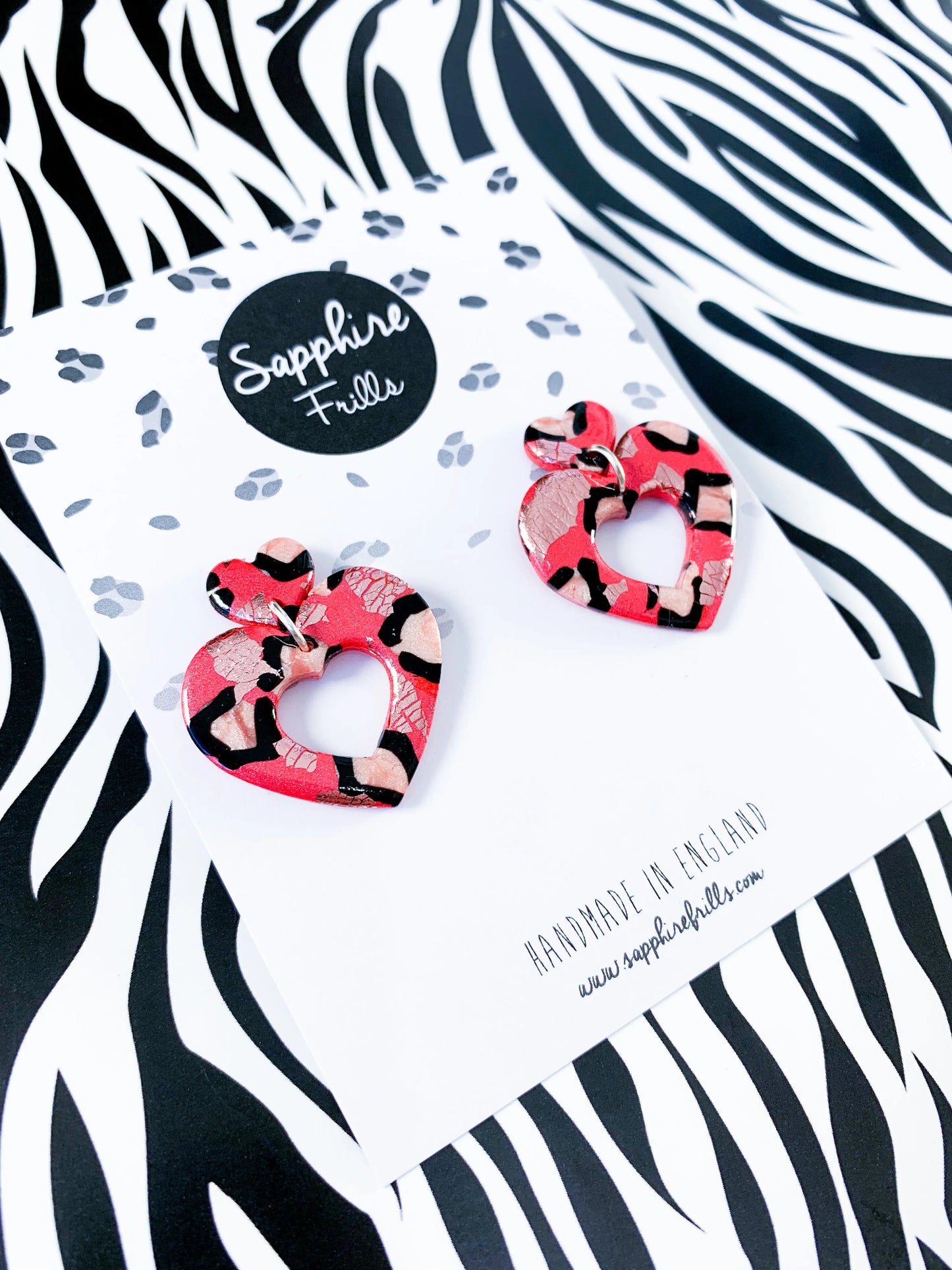 Metallic Pomegranate and Rose Leopard Print Heart Dangle Earrings from Sapphire Frills