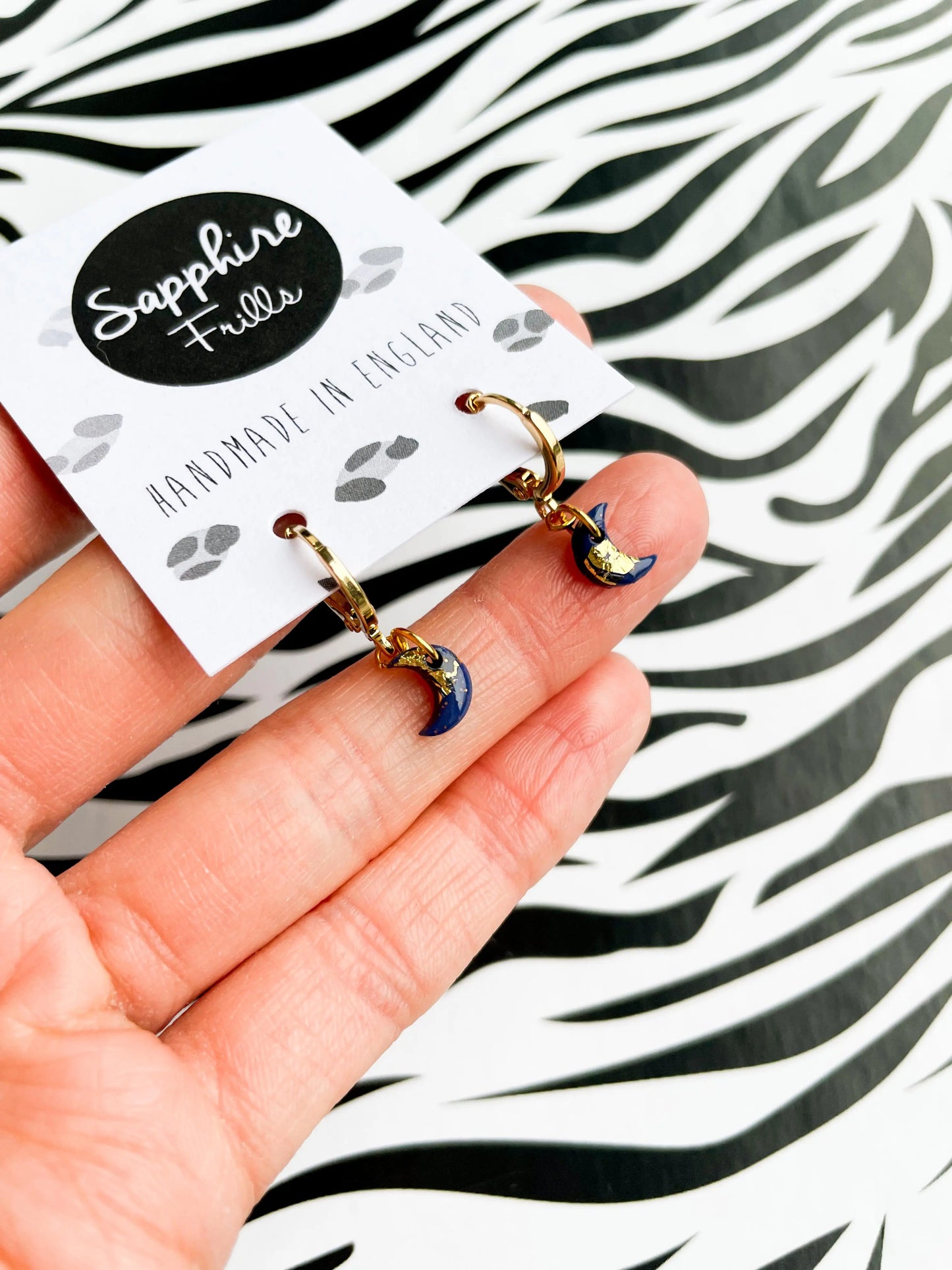 Micro Navy and Gold Moon Stud Earrings from Sapphire Frills