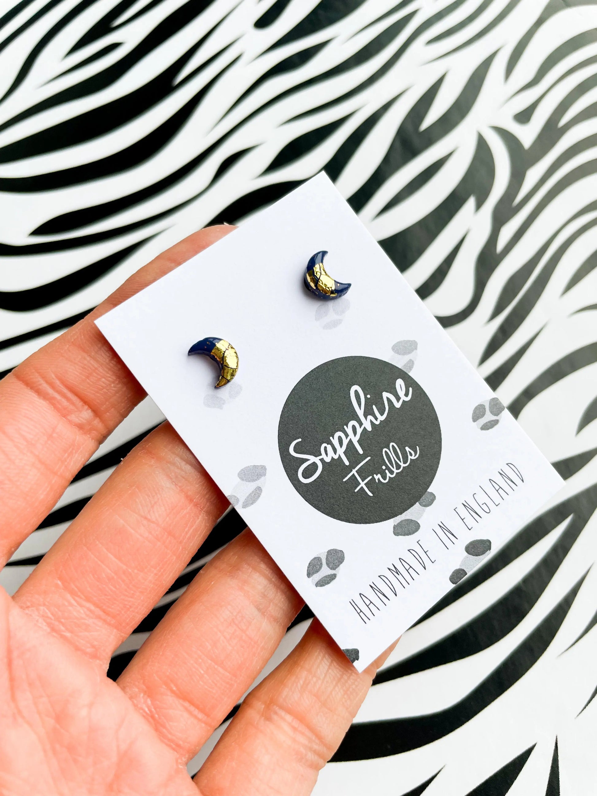 Micro Navy and Gold Moon Stud Earrings from Sapphire Frills