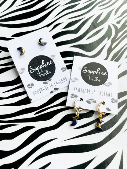 Micro Navy and Gold Moon Stud Earrings from Sapphire Frills