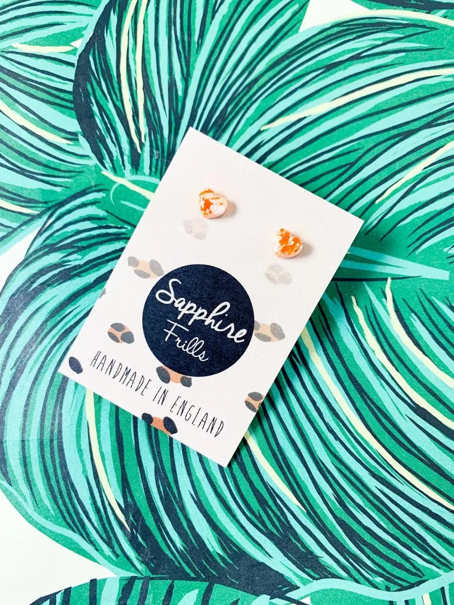 Micro Peach, Orange and White Splatter Heart Stud Earrings from Sapphire Frills