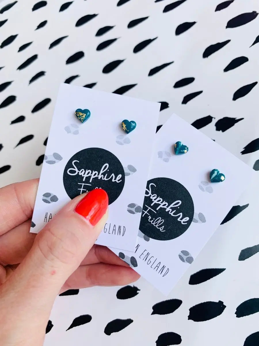 Micro Teal and Gold Marble Heart Stud Earrings from Sapphire Frills