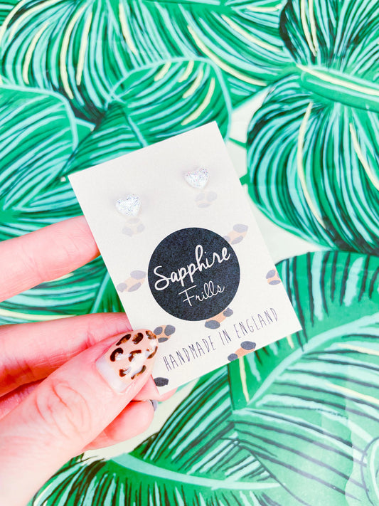 Micro White and Holographic Glitter Heart Stud Earrings from Sapphire Frills