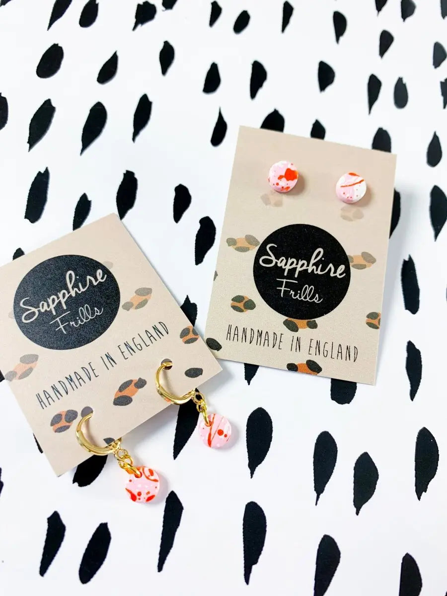 Mini Baby Pink, Orange and White Splatter Circle Stud Earrings from Sapphire Frills